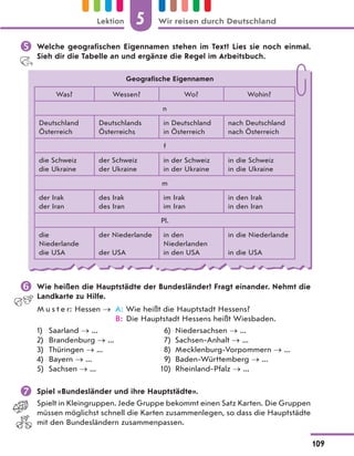  Welche geografischen Eigennamen stehen im Text? Lies sie noch einmal.
Sieh dir die Tabelle an und ergänze die Regel im Arbeitsbuch.
 Wie heißen die Hauptstädte der Bundesländer? Fragt einander. Nehmt die
Landkarte zu Hilfe.
M u s t e r: Hessen  A: Wie heißt die Hauptstadt Hessens?
B: Die Hauptstadt Hessens heißt Wiesbaden.
1) Saarland  ... 6) Niedersachsen  ...
2) Brandenburg  ... 7) Sachsen-Anhalt  ...
3) Thüringen  ... 8) Mecklenburg-Vorpommern  ...
4) Bayern  ... 9) Baden-Württemberg  ...
5) Sachsen  ... 10) Rheinland-Pfalz  ...
 Spiel «Bundesländer und ihre Hauptstädte».
Spielt in Kleingruppen. Jede Gruppe bekommt einen Satz Karten. Die Gruppen
müssen möglichst schnell die Karten zusammenlegen, so dass die Hauptstädte
mit den Bundesländern zusammenpassen.
Geografische Eigennamen
Was? Wessen? Wo? Wohin?
n
Deutschland
Österreich
Deutschlands
Österreichs
in Deutschland
in Österreich
nach Deutschland
nach Österreich
f
die Schweiz
die Ukraine
der Schweiz
der Ukraine
in der Schweiz
in der Ukraine
in die Schweiz
in die Ukraine
m
der Irak
der Iran
des Irak
des Iran
im Irak
im Iran
in den Irak
in den Iran
Pl.
die
Niederlande
die USA
der Niederlande
der USA
in den
Niederlanden
in den USA
in die Niederlande
in die USA
5
109
Lektion Wir reisen durch Deutschland
 