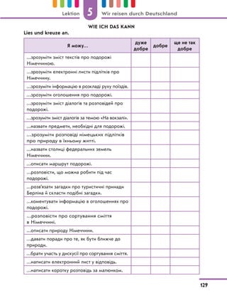 WIE ICH DAS KANN
Lies und kreuze an.
Я можу…
дуже
добре
добре
ще не так
добре
…зрозуміти зміст текстів про подорожі
Німеччиною.
…зрозуміти електронні листи підлітків про
Німеччину.
…зрозуміти інформацію в розкладі руху поїздів.
…зрозуміти оголошення про подорожі.
…зрозуміти зміст діалогів та розповідей про
подорожі.
…зрозуміти зміст діалогів за темою «На вокзалі».
…назвати предмети, необхідні для подорожі.
…зрозуміти розповіді німецьких підлітків
про природу в їхньому житті.
…назвати столиці федеральних земель
Німеччини.
…описати маршрут подорожі.
…розповісти, що можна робити під час
подорожі.
…розв’язати загадки про туристичні принади
Берліна й скласти подібні загадки.
…коментувати інформацію в оголошеннях про
подорожі.
…розповісти про сортування сміття
в Німеччині.
…описати природу Німеччини.
…давати поради про те, як бути ближче до
природи.
…брати участь у дискусії про сортування сміття.
…написати електронний лист у відповідь.
…написати коротку розповідь за малюнком.
5
129
Lektion Wir reisen durch Deutschland
 