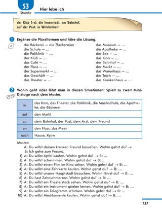 Hier lebe ich
der Klub (-s), die Innenstadt, am Bahnhof,
auf der Post, in Wirklichkeit
 Ergänze die Pluralformen und höre die Lösung.
die Bäckerei — die Backereien das Museum — …
die Schule — … die Apotheke — …
die Poliklinik — … der See — …
der Klub — … das Kino — …
das Café — … der Bahnhof — …
der Fluss — … der Markt — …
der Supermarkt — … das Warenhaus — …
das Geschäft — … der Teich — …
das Theater — … das Krankenhaus — …
 Wohin geht oder fährt man in diesen Situationen? Spielt zu zweit Mini-
Dialoge nach dem Muster.
in
das Kino, das Theater, die Poliklinik, die Musikschule, die Apothe-
ke, die Bäckerei
auf den Markt
zu dem Bahnhof, der Post, dem Arzt, dem Freund
an den Fluss, das Meer
nach Hause, Kyjiw
Muster:
A: Du willst deinen kranken Freund besuchen. Wohin gehst du? 
B: Ich gehe zum Freund.
1) A: Du willst Äpfel kaufen. Wohin gehst du?  B: …
2) A: Du willst schwimmen. Wohin gehst du? B: …
3) A: Du willst einen Film im Kino sehen. Wohin gehst du? B: …
4) A: Du willst eine Fahrkarte kaufen. Wohin gehst du? B: …
5) A: Du willst unsere Hauptstadt besuchen. Wohin fährst du? B: …
6) A: Du hast Zahnschmerzen. Wohin gehst du? B: …
7) A: Du willst ein Theaterstück sehen. Wohin gehst du? B: …
8) A: Du willst ein Instrument spielen lernen. Wohin gehst du? B: …
9) A: Du willst ein Telegramm schicken. Wohin gehst du? B: …
10) A: Du willst Medikamente kaufen. Wohin gehst du? B: …
137
Stunde
53
 