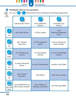  Würfelspiel «Was hat man gemacht?».
M u s t e r: + Während der Ferien hat Katja eine Wanderung gemacht.
während der Ferien trotz schlechten
Wetters
innerhalb einer
Woche
ich
nach Kyjiw fahren im Fluss baden
viele
Sehenswürdigkeiten
sehen
du
den Tierpark
besuchen
im Park spazieren
gehen
sich am Schwarzen
Meer erholen
Katja
eine Wanderung
machen
ein Sonnenbad
nehmen
in einem Ferienlager
wohnen
wir
in einen Naturpark
fahren
an den Strand gehen wandern und zelten
ihr
zwei Museen
besuchen
Rad fahren viele Fotos machen
Jan und
Maja
eine Schiffsreise auf
dem Dnipro machen
den Ausflug ins
Gebirge mitmachen
die Natur genießen
6
Lektion Die Ukraine
144
 