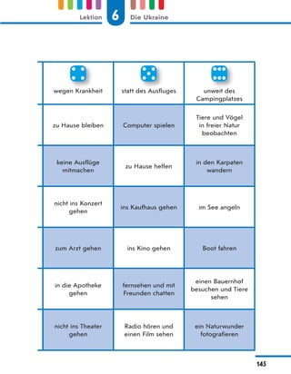 wegen Krankheit statt des Ausfluges unweit des
Campingplatzes
zu Hause bleiben Computer spielen
Tiere und Vögel
in freier Natur
beobachten
keine Ausflüge
mitmachen
zu Hause helfen
in den Karpaten
wandern
nicht ins Konzert
gehen
ins Kaufhaus gehen im See angeln
zum Arzt gehen ins Kino gehen Boot fahren
in die Apotheke
gehen
fernsehen und mit
Freunden chatten
einen Bauernhof
besuchen und Tiere
sehen
nicht ins Theater
gehen
Radio hören und
einen Film sehen
ein Naturwunder
fotografieren
6
Lektion Die Ukraine
145
 