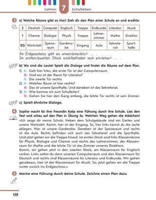  a) Welche Räume gibt es hier? Sieh dir den Plan einer Schule an und erzähle.
2 Deutsch Computer Englisch Treppe Erdkunde Literatur Musik
1 Chemie Biologie Physik Treppe
Lehrer-
zimmer
Mathe Direktor
EG Werkstatt
Speise-
raum
Gardero-
be
Eingang Aula
Sekreta-
riat
Sport-
halle
Im Erdgeschoss gibt es einen/eine/ein/- … .
Im ersten/zweiten Stock sind/befinden sich ein/eine/- … .
b) Wo sind die Leute? Spielt die Dialoge und findet die Räume auf dem Plan.
1) A: Geh hier links, die erste Tür ist der Computerraum.
B: Und wo ist der Raum für Literatur?
A: Die zweite Tür rechts.
2) A: Welcher Raum ist hier rechts?
B: Das ist unsere Sporthalle. Und daneben ist das Sekretariat.
3) A: Wie komme ich zum Schulleiter?
B: Gehen Sie hier den Gang entlang, die letzte Tür rechts ist sein Zimmer.
c) Spielt ähnliche Dialoge.
 Sophie macht für ihre Freundin Katja eine Führung durch ihre Schule. Lies den
Text und schau auf den Plan in Übung 3a. Welchen Weg gehen die Mädchen?
«Ich zeige dir meine Schule. Neben dem Schulgebäude sind ein Garten und
unsere Werkstatt. Komm, hier ist der Eingang. So, hier links kannst du die Jacke
ablegen. Hier ist unsere Garderobe. Daneben ist der Speiseraum und rechts
ist die Aula. Rechts befinden sich auch das Sekretariat und die Sporthalle.
Und jetzt gehen wir die Treppe hinauf. Im ersten Stock sind links Klassenräume
für Physik, Biologie und Chemie und rechts das Lehrerzimmer, der Klassen-
raum für Mathe und die letzte Tür ist das Zimmer unseres Direktors.
Komm, wir gehen jetzt in den zweiten Stock, am Klassenraum für Englisch
vorbei. Links siehst du dann unseren Computerraum und den Klassenraum für
Deutsch und rechts sind Klassenräume für Literatur und Erdkunde. Wir gehen
geradeaus, hier ist der Klassenraum für Musik. So, jetzt gehen wir die Treppe
runter zurück ins Erdgeschoss.»
 Mache eine Führung durch deine Schule. Zeichne einen Plan dazu.
7
Lektion Schulleben
150
 