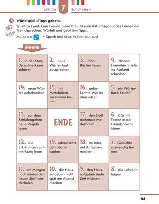  Würfelspiel «Tipps geben».
Spielt zu zweit. Euer Freund Lukas braucht eure Ratschläge für das Lernen der
Fremdsprachen. Würfelt und gebt ihm Tipps.
M u s t e r: = Sprich mal neue Wörter laut aus!
ANFANG
1.
1. in der Stun-
de aufmerksam
zuhören
2.
2. neue
Wörter laut
aussprechen
3.
3. mehr
Bücher lesen
4.
4. deinen
Freunden Briefe
ins Ausland
schreiben
14.
14. neue Wör-
ter aufschreiben
15.
15. mit
Mitschülern
zusammen ler-
nen
16.
16. unbe-
kannte Wörter
übersetzen
5.
5. ein Wörter-
buch kaufen
13.
13. vor dem
Schlafengehen
neue Regeln
lesen
ENDE
17.
17. den Stoff
mehrmals wie-
derholen
6.
6. CDs mit
Texten in der
Fremdsprache
hören
12.
12. die
Erklärungen auf-
merksam lesen
19.
19. interessante
Lehrbücher
kaufen
18.
18. im Inter-
net Aufgaben
machen
7.
7. Gedichte
auswendig ler-
nen
11.
11. am Morgen
noch einmal den
neuen Stoff wie-
derholen
10.
10. die Haus-
aufgaben nicht
spät am Abend
machen
9.
9. den Haus-
aufgaben mehr
Zeit widmen
8.
8. die Lehrerin
fragen
7
Lektion Schulleben
161
 