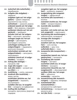 der Aufenthalt (die Aufenthalte) —
перебування
die Aufgabe (die Aufgaben) —
завдання
aufgeben (gab auf, hat aufge-
geben) — давати завдання;
відмовлятися від чогось
aufmerksam — уважний; уважно
aufpassen (passte auf, hat aufge-
passt) — бути уважним, слідкувати
aufräumen (räumte auf, hat auf-
geräumt) — прибирати
aufrufen (rief auf, hat aufgeru-
fen) — викликати, закликати
aufsagen (sagte auf, hat auf-
gesagt) — декламувати,
розповідати напам’ять
aufschlagen (schlug auf, hat
aufgeschlagen) — відкривати;
розпинати (намет)
aufschreiben (schrieb auf, hat
aufgeschrieben) — записувати,
занотовувати
aufstehen (stand auf, ist aufge-
standen) — вставати
der Aufzug (die Aufzüge) —
процесія; ліфт
das Auge (die Augen) — око
die Aula (die Aulen) — актовий зал
aus (Dat.) — з
die Ausbildung — освіта, навчання
der Ausdruck (die Ausdrücke) —
вираз, вислів
ausdrücken (drückte aus, hat
ausgedrückt) — виражати,
висловлювати
ausfallen (fiel aus, ist ausgefal-
len) — випадати; не відбуватися
der Ausflug (die Ausflüge) —
екскурсія, прогулянка, (коротка)
подорож
ausgeben (gab aus, hat ausgege-
ben) — витрачати, видавати
die Ausgestaltung (die Ausgestal-
tungen) — оформлення
die Ausnahme (die Ausnahmen) —
виняток
ausnutzen (nutzte aus, hat ausge-
nutzt) — використовувати
die Ausrede (die Ausreden) —
відмовка
ausruhen, sich (ruhte sich aus, hat
sich ausgeruht) — відпочивати
die Ausrüstung (die Ausrüstungen) —
забезпечення, оснащення
die Aussage (die Aussagen) —
висловлювання
aussehen (sah aus, hat ausgese-
hen) — мати вигляд
außerdem — крім того
außerhalb (Gen.) — поза
die Aussprache (die Aussprachen) —
вимова
aussprechen (sprach aus, hat aus-
gesprochen) — вимовляти
die Ausstellung (die Ausstel-
lungen) — виставка
aussterben (starb aus, ist ausge-
storben) — вимирати
austauschen (tauschte aus, hat
ausgetauscht) — обмінювати(ся)
ausüben (übte aus, hat ausge-
übt) — займатися
auswendig — напам’ять
die Auszeichnung (die Auszeich-
nungen) — відзнака, нагорода
die Autowerkstatt (die
Autowerkstätten) —
авторемонтна майстерня
das Autowerkzeug — інструмент для
ремонту авто
die Axt (die Äxte) — сокира
189
Wörterverzeichnis Deutsch-Ukrainisch
 