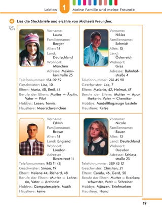  Lies die Steckbriefe und erzähle von Michaels Freunden.
Vorname:
Laura
Familienname:
Berger
Alter: 14
Land:
Deutschland
Wohnort:
München
Adresse: Maximi-
lianstraße 25
Telefonnummer: 134 09 59
Geschwister: Lisa, 10
Eltern: Maria, 40, Emil, 41
Berufe der Eltern: Mutter — Ärztin,
Vater — Pilot
Hobbys: Lesen, Tennis
Haustiere: Meerschweinchen
Vorname:
Niklas
Familienname:
Schmidt
Alter: 15
Land:
Österreich
Wohnort:
Graz
Adresse: Bahnhof-
straße 4
Telefonnummer: 276 45 90
Geschwister: Lea, 7
Eltern: Melanie, 42, Helmut, 47
Berufe der Eltern: Mutter — Apo-
thekerin, Vater — Chemiker
Hobbys: Modellflugzeuge basteln
Haustiere: Katze
Vorname:
Edwin
Familienname:
Brown
Alter: 14
Land: England
Wohnort:
London
Adresse:
Riverstreet 11
Telefonnummer: 945 11 48
Geschwister: Simon, 19
Eltern: Helene 44, Richard, 48
Berufe der Eltern: Mutter — Lehre-
rin, Vater — Architekt
Hobbys: Computerspiele, Musik
Haustiere: keine
Vorname:
Nicole
Familienname:
Bauer
Alter: 13
Land: Deutschland
Wohnort:
Dresden
Adresse: Schloss-
straße 23
Telefonnummer: 389 45 12
Geschwister: Christian, 21
Eltern: Carola, 46, Gerd, 50
Berufe der Eltern: Mutter — Kranken-
schwester, Vater — Schreiner
Hobbys: Münzen, Briefmarken
Haustiere: Hund
Lektion 1 Meine Familie und meine Freunde
19
 