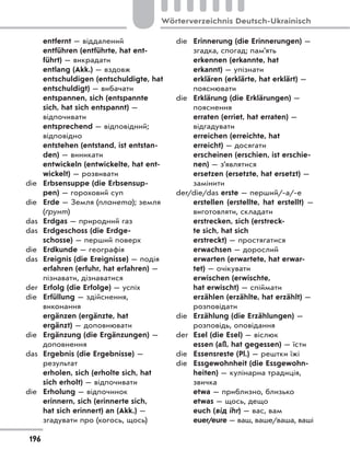 entfernt — віддалений
entführen (entführte, hat ent-
führt) — викрадати
entlang (Akk.) — вздовж
entschuldigen (entschuldigte, hat
entschuldigt) — вибачати
entspannen, sich (entspannte
sich, hat sich entspannt) —
відпочивати
entsprechend — відповідний;
відповідно
entstehen (entstand, ist entstan-
den) — виникати
entwickeln (entwickelte, hat ent-
wickelt) — розвивати
die Erbsensuppe (die Erbsensup-
pen) — гороховий суп
die Erde — Земля (планета); земля
(ґрунт)
das Erdgas — природний газ
das Erdgeschoss (die Erdge-
schosse) — перший поверх
die Erdkunde — географія
das Ereignis (die Ereignisse) — подія
erfahren (erfuhr, hat erfahren) —
пізнавати, дізнаватися
der Erfolg (die Erfolge) — успіх
die Erfüllung — здійснення,
виконання
ergänzen (ergänzte, hat
ergänzt) — доповнювати
die Ergänzung (die Ergänzungen) —
доповнення
das Ergebnis (die Ergebnisse) —
результат
erholen, sich (erholte sich, hat
sich erholt) — відпочивати
die Erholung — відпочинок
erinnern, sich (erinnerte sich,
hat sich erinnert) an (Akk.) —
згадувати про (когось, щось)
die Erinnerung (die Erinnerungen) —
згадка, спогад; пам’ять
erkennen (erkannte, hat
erkannt) — упізнати
erklären (erklärte, hat erklärt) —
пояснювати
die Erklärung (die Erklärungen) —
пояснення
erraten (erriet, hat erraten) —
відгадувати
erreichen (erreichte, hat
erreicht) — досягати
erscheinen (erschien, ist erschie-
nen) — з’являтися
ersetzen (ersetzte, hat ersetzt) —
замінити
der/die/das erste — перший/-а/-е
erstellen (erstellte, hat erstellt)  —
виготовляти, складати
erstrecken, sich (erstreck-
te sich, hat sich
erstreckt) — простягатися
erwachsen — дорослий
erwarten (erwartete, hat erwar-
tet) — очікувати
erwischen (erwischte,
hat erwischt) — спіймати
erzählen (erzählte, hat erzählt) —
розповідати
die Erzählung (die Erzählungen) —
розповідь, оповідання
der Esel (die Esel) — віслюк
essen (aß, hat gegessen) — їсти
die Essensreste (Pl.) — рештки їжі
die Essgewohnheit (die Essgewohn-
heiten) — кулінарна традиція,
звичка
etwa — приблизно, близько
etwas — щось, дещо
euch (від ihr) — вас, вам
euer/eure — ваш, ваше/ваша, ваші
196
Wörterverzeichnis Deutsch-Ukrainisch
 