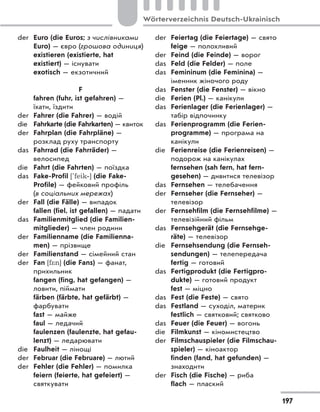 der Euro (die Euros; з числівниками
Euro) — євро (грошова одиниця)
existieren (existierte, hat
existiert) — існувати
exotisch — екзотичний
F
fahren (fuhr, ist gefahren) —
їхати, їздити
der Fahrer (die Fahrer) — водій
die Fahrkarte (die Fahrkarten) — квиток
der Fahrplan (die Fahrpläne) —
розклад руху транспорту
das Fahrrad (die Fahrräder) —
велосипед
die Fahrt (die Fahrten) — поїздка
das Fake-Profil ['feik‐] (die Fake-
Profile) — фейковий профіль
(в соціальних мережах)
der Fall (die Fälle) — випадок
fallen (fiel, ist gefallen) — падати
das Familienmitglied (die Familien-
mitglieder) — член родини
der Familienname (die Familienna-
men) — прізвище
der Familienstand — сімейний стан
der Fan [f*n] (die Fans) — фанат,
прихильник
fangen (fing, hat gefangen) —
ловити, піймати
färben (färbte, hat gefärbt) —
фарбувати
fast — майже
faul — ледачий
faulenzen (faulenzte, hat gefau-
lenzt) — ледарювати
die Faulheit — лінощі
der Februar (die Februare) — лютий
der Fehler (die Fehler) — помилка
feiern (feierte, hat gefeiert) —
святкувати
der Feiertag (die Feiertage) — свято
feige — полохливий
der Feind (die Feinde) — ворог
das Feld (die Felder) — поле
das Femininum (die Feminina) —
іменник жіночого роду
das Fenster (die Fenster) — вікно
die Ferien (Pl.) — канікули
das Ferienlager (die Ferienlager) —
табір відпочинку
das Ferienprogramm (die Ferien-
programme) — програма на
канікули
die Ferienreise (die Ferienreisen) —
подорож на канікулах
fernsehen (sah fern, hat fern-
gesehen) — дивитися телевізор
das Fernsehen — телебачення
der Fernseher (die Fernseher) —
телевізор
der Fernsehfilm (die Fernsehfilme) —
телевізійний фільм
das Fernsehgerät (die Fernsehge-
räte) — телевізор
die Fernsehsendung (die Fernseh-
sendungen) — телепередача
fertig — готовий
das Fertigprodukt (die Fertigpro-
dukte) — готовий продукт
fest — міцно
das Fest (die Feste) — свято
das Festland — суходіл, материк
festlich — святковий; святково
das Feuer (die Feuer) — вогонь
die Filmkunst — кіномистецтво
der Filmschauspieler (die Filmschau-
spieler) — кіноактор
finden (fand, hat gefunden) —
знаходити
der Fisch (die Fische) — риба
flach — плаский
197
Wörterverzeichnis Deutsch-Ukrainisch
 
