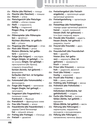 die Fläche (die Flächen) — площа
die Flasche (die Flaschen) — пляшка
das Fleisch — м’ясо
das Fleischgericht (die Fleischge-
richte) — м’ясна страва
der Fleiß — старанність
fleißig — старанний
fliegen (flog, ist geflogen) —
літати
der Flötenspieler (die Flötenspie-
ler) — флейтист
flüchten (flüchtete, ist geflüch-
tet) — утікати
das Flugzeug (die Flugzeuge) — літак
der Fluss (die Flüsse) — річка
flüstern (flüsterte, hat geflüs-
tert) — шепотіти
die Folge (die Folgen) — наслідок
folgen (folgte, ist gefolgt) — іти
за кимсь; (folgte, hat gefolgt) —
прислухатися (до думки),
слідувати (порадам)
formen (formte, hat geformt) —
формувати
fortlaufen (lief fort, ist fortgelau-
fen) — втікати
das Fotomodell (die Fotomodelle) —
фотомодель
die Frage (die Fragen) — запитання
fragen (fragte, hat gefragt) —
запитувати
das Fragewort (die Fragewörter) —
питальне слово
Frankreich — Франція
das Französisch — французька мова
die Frau (die Frauen) — жінка
die Frauenkirche (die Frauenkirchen) —
церква Святої Богоматері
frei — вільний; вільно
der Freitag (die Freitage) — п’ятниця
die Freizeit — дозвілля
das Freizeitangebot (die Freizeit-
angebote) — пропозиція щодо
організації дозвілля
die Freizeitgestaltung — організація
дозвілля
der Freizeittipp (die Freizeittipps) —
порада щодо організації дозвілля
fremd — чужий, іноземний
fressen (fraß, hat gefressen) —
їсти (про тварин), жерти
die Freude (die Freuden) — радість
freuen (freute, hat gefreut) —
радувати, тішити
der Freund (die Freunde) — друг,
товариш
die Freundschaft (die Freundschaf-
ten) — дружба
frieren (fror, hat gefro-
ren) — мерзнути; (fror, ist
gefroren) — замерзнути
frisch — свіжий
die Frisur (die Frisuren) — зачіска
froh — радісний, веселий
der Frost (die Fröste) — мороз
frostig — морозний
die Frucht (die Früchte) — фрукт
früh — рано, ранній
der Frühling (die Frühlinge) — весна
das Frühstück (die Frühstücke) —
сніданок
frühstücken (frühstückte, hat
gefrühstückt) — снідати
der Fuchs (die Füchse) — лисиця
fühlen (fühlte, hat gefühlt) —
відчувати
führen (führte, hat geführt) — вести
die Führung (die Führungen) —
керівництво, керування;
екскурсія з екскурсоводом
die Füllung (die Füllungen) —
наповнення; начинка; фарш
198
Wörterverzeichnis Deutsch-Ukrainisch
 
