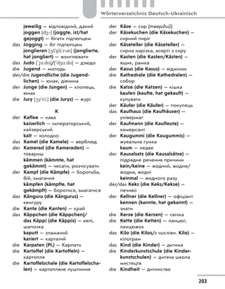 jeweilig — відповідний, даний
joggen [d4‐] (joggte, ist/hat
gejoggt) — бігати підтюпцем
das Jogging — біг підтюпцем
jonglieren [4 `gli:r3n] (jonglierte,
hat jongliert) — жонглювати
das Judo [`ju:do]/[`d4u:do] — дзюдо
die Jugend — молодь
der/die Jugendliche (die Jugend-
lichen) — юнак, дівчина
der Junge (die Jungen) — хлопець,
юнак
die Jury [4y'ri:] (die Jurys) — журі
K
der Kaffee — кава
kaiserlich — імператорський,
кайзерський
kalt — холодно
das Kamel (die Kamele) — верблюд
der Kamerad (die Kameraden) —
товариш
kämmen (kämmte, hat
gekämmt) — чесати, розчісувати
der Kampf (die Kämpfe) — боротьба,
бій, змагання
kämpfen (kämpfte, hat
gekämpft) — боротися, змагатися
das Känguru (die Kängurus) —
кенгуру
die Kante (die Kanten) — край
das Käppchen (die Käppchen)/
das Käppi (die Käppis) — кепі,
шапочка
kaputt — зламаний
kariert — картатий
die Karpaten (Pl.) — Карпати
die Kartoffel (die Kartoffeln) —
картопля
die Kartoffelschale (die Kartoffelscha-
len) — картопляне лушпиння
der Käse — сир (твердий)
der Käsekuchen (die Käsekuchen) —
сирний пиріг
der Käseteller (die Käseteller) —
сирна нарізка, асорті з сиру
der Kasten (die Kasten/Kästen) —
ящик, рамка
der Kasus (die Kasus) — відмінок
die Kathedrale (die Kathedralen) —
собор
die Katze (die Katzen) — кішка
kaufen (kaufte, hat gekauft) —
купувати
der Käufer (die Käufer) — покупець
das Kaufhaus (die Kaufhäuser) —
універмаг
der Kaufmann (die Kaufleute) —
комерсант
der Kaugummi (die Kaugummis) —
жувальна гумка
kaum — ледве
der Kausalsatz (die Kausalsätze) —
підрядне речення причини
kein/keine — жодний, жодне/
жодна, жодні
keinmal — жодного разу
der/das Keks (die Keks/Kekse) —
печиво
der Kellner (die Kellner) — офіціант
kennen (kannte, hat gekannt) —
знати
die Kerze (die Kerzen) — свічка
die Kette (die Ketten) — ланцюг,
ланцюжок
das Kilo (die Kilos/з числівн. Kilo) —
кілограм
das Kind (die Kinder) — дитина
die Kinderkunstschule (die Kinder-
kunstschulen) — дитяча школа
мистецтв
die Kindheit — дитинство
203
Wörterverzeichnis Deutsch-Ukrainisch
 