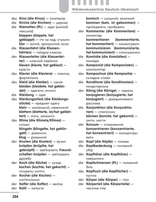 das Kino (die Kinos) — кінотеатр
die Kirche (die Kirchen) — церква
die Klamotten (Pl.) — одяг (молод.
лексика)
klappen (klappte, hat
geklappt) — іти на лад; стукати
klar — ясний, зрозумілий; ясно
die Klassenfahrt (die Klassen-
fahrten) — поїздка класом
der Klassenleiter (die Klassenlei-
ter) — класний керівник
klauen (klaute, hat geklaut) —
красти
das Klavier (die Klaviere) — піаніно,
фортепіано
das Kleid (die Kleider) — сукня
kleiden (kleidete, hat geklei-
det) — одягати; личити
die Kleidung — одяг
das Kleidungsstück (die Kleidungs-
stücke) — предмет одягу
klein — маленький, невеликий
klettern (kletterte, ist/hat geklet-
tert) — лізти, залазити
das Klima (die Klimata/Klimas) —
клімат
klingeln (klingelte, hat geklin-
gelt) — дзвонити
klug — розумний
der Knoten (die Knoten) — вузол
knüpfen (knüpfte, hat
geknüpft) — зав’язувати; Freund-
schaften knüpfen — зав’язувати
дружбу
der Koch (die Köche) — кухар
kochen (kochte, hat gekocht) —
готувати; кипіти
der Kocher (die Kocher) —
кип’ятильник
der Koffer (die Koffer) — валіза
der Kohl — капуста
komisch — смішний, комічний
kommen (kam, ist gekommen)  —
приїжджати, прибувати
der Kommentar (die Kommentare) —
коментар
kommentieren (kommentierte,
hat kommentiert) — коментувати
kommunizieren (kommunizierte,
hat kommuniziert) — спілкуватися
die Komödie (die Komödien) —
комедія
der Komponist (die Komponisten) —
композитор
das Kompositum (die Komposita) —
складне слово
die Konditorei (die Konditoreien) —
кондитерська
der König (die Könige) — король
konjugieren (konjugierte, hat
konjugiert) — дієвідмінювати
дієслова
die Konjunktion (die Konjunktio-
nen) — сполучник
können (konnte, hat gekonnt) —
уміти, могти
der Konsum — споживання
konzentrieren (konzentrierte,
hat konzentriert) — концентру-
вати
der Kopf (die Köpfe) — голова
die Kopfbedeckung — головний
убір
der Kopfhörer (die Kopfhörer) —
навушники
die Kopfschmerzen (Pl.) — головний
біль
das Kopftuch (die Kopftücher) —
хустка
der Körper (die Körper) — тіло
der Körperteil (die Körperteile) —
частина тіла
204
Wörterverzeichnis Deutsch-Ukrainisch
 