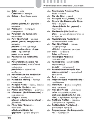 der Osten — схід
Österreich — Австрія
die Ostsee — Балтійське море
P
расken (packte, hat gepackt) —
пакувати
das Packpapier — папір для
упакування
das Parlamént (die Parlaménte) —
парламент
die Party (die Partys) — вечірка
passen (passte, hat gepasst) —
пасувати
passend — той, що пасує
passieren (passierte, ist pas-
siert) — траплятися
passiv — пасивний
der Pelzmantel (die Pelzmäntel) —
шуба
das Personalpronomen (die Per-
sonalpronomen) — особовий
займенник
persönlich — особистий;
особисто
die Persönlichkeit (die Persönlich-
keiten) — особистість
der Pfarrer (die Pfarrer) — пастор,
священник
der Pfeil (die Pfeile) — стріла, стрілка
das Pferd (die Pferde) — кінь
die Pflanze (die Pflanzen) — рослина
die Pflanzenart (die Pflanzenarten) —
вид рослини
die Pflege — догляд
pflegen (pflegte, hat gepflegt) —
доглядати
die Pflicht (die Pflichten) —
обов’язок
pflücken (pflückte, hat
gepflückt) — рвати, збирати
das Picknick (die Picknicke/Pick-
nicks) — пікнік
der Pilz (die Pilze) — гриб
die Pizza (die Pizzas/Pizzen) — піца
die Pizzeria (die Pizzerias/die Pizze-
rien) — піцерія
planen (plante, hat geplant) —
планувати
die Plastiksache (die Plastiksa-
chen) — річ, виріб із синтетичних
матеріалів
die Plastiktüte (die Plastiktüten) —
поліетиленовий пакет
der Platz (die Plätze) — площа,
майдан; місце
plötzlich — раптом, раптово
der Plural — множина
Polen — Польща
der Polizist (die Polizisten) —
поліцейський
die Pommes frites [p1m'frt] (Pl.) —
картопля фрі
populär — популярний
das Possessivpronomen (die Pos-
sessivpronomen) — присвійний
займенник
die Post — пошта
die Präposition (die Präpositionen) —
прийменник
das Präteritum — форма минулого
часу претерит
der Preis (die Preise) — ціна; приз
prima — чудовий; чудово
probieren (probierte, hat pro-
biert) — куштувати, пробувати
das Profil (die Profile) — профіль
(в соціальних мережах)
das Profilbild (die Profilbilder) —
фотографія профіля
der Programmierer (die Programmie-
rer) — програміст
210
Wörterverzeichnis Deutsch-Ukrainisch
 