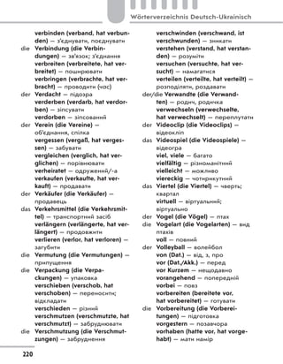 verbinden (verband, hat verbun-
den) — з’єднувати, поєднувати
die Verbindung (die Verbin-
dungen) — зв’язок; з’єднання
verbreiten (verbreitete, hat ver-
breitet) — поширювати
verbringen (verbrachte, hat ver-
bracht) — проводити (час)
der Verdacht — підозра
verderben (verdarb, hat verdor-
ben) — зіпсувати
verdorben — зіпсований
der Verein (die Vereine) —
об’єднання, спілка
vergessen (vergaß, hat verges-
sen) — забувати
vergleichen (verglich, hat ver-
glichen) — порівнювати
verheiratet — одружений/-а
verkaufen (verkaufte, hat ver-
kauft) — продавати
der Verkäufer (die Verkäufer) —
продавець
das Verkehrsmittel (die Verkehrsmit-
tel) — транспортний засіб
verlängern (verlängerte, hat ver-
längert) — продовжити
verlieren (verlor, hat verloren) —
загубити
die Vermutung (die Vermutungen) —
припущення
die Verpackung (die Verpa-
ckungen) — упаковка
verschieben (verschob, hat
verschoben) — переносити;
відкладати
verschieden — різний
verschmutzen (verschmutzte, hat
verschmutzt) — забруднювати
die Verschmutzung (die Verschmut-
zungen) — забруднення
verschwinden (verschwand, ist
verschwunden) — зникати
verstehen (verstand, hat verstan-
den) — розуміти
versuchen (versuchte, hat ver-
sucht) — намагатися
verteilen (verteilte, hat verteilt) —
розподіляти, роздавати
der/die Verwandte (die Verwand-
ten) — родич, родичка
verwechseln (verwechselte,
hat verwechselt) — переплутати
der Videoclip (die Videoclips) —
відеокліп
das Videospiel (die Videospiele) —
відеогра
viel, viele — багато
vielfältig — різноманітний
vielleicht — можливо
viereckig — чотирикутний
das Viertel (die Viertel) — чверть;
квартал
virtuell — віртуальний;
віртуально
der Vogel (die Vögel) — птах
die Vogelart (die Vogelarten) — вид
птахів
voll — повний
der Volleyball — волейбол
von (Dat.) — від, з, про
vor (Dat./Akk.) — перед
vor Kurzem — нещодавно
vorangehend — попередній
vorbei — повз
vorbereiten (bereitete vor,
hat vorbereitet) — готувати
die Vorbereitung (die Vorberei-
tungen) — підготовка
vorgestern — позавчора
vorhaben (hatte vor, hat vorge-
habt) — мати намір
220
Wörterverzeichnis Deutsch-Ukrainisch
 