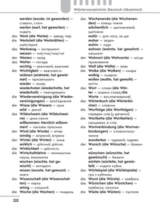 werden (wurde, ist geworden) —
ставати, стати
werfen (warf, hat geworfen) —
кидати
das Werk (die Werke) — завод; твір
die Werkstatt (die Werkstätten) —
майстерня
das Werkzeug — інструмент
wessen — чий/чиє/чия/чиї
der Westen — захід
das Wetter — погода
wichtig — важливий; важливо
die Wichtigkeit — важливість
widmen (widmete, hat gewid-
met) — присвячувати
wieder — знову
wiederholen (wiederholte, hat
wiederholt) — повторювати
die Wiedervereinigung (die Wieder-
vereinigungen) — возз’єднання
die Wiese (die Wiesen) — лука
wild — дикий
das Wildschwein (die Wildschwei-
ne) — дика свиня
willkommen: Herzlich wilkom-
men! — ласкаво просимо
der Wind (die Winde) — вітер
windig — вітряний; вітряно
der Winter (die Winter) — зима
wirklich — дійсний; дійсно
die Wirklichkeit — дійсність
die Wirtschaftslehre — економічна
наука, економіка
wischen (wischte, hat ge-
wischt) — витирати
wissen (wusste, hat gewusst) —
знати
die Wissenschaft (die Wissenschaf-
ten) — наука
witzig — смішний
die Woche (die Wochen) — тиждень
das Wochenende (die Wochenen-
den) — кінець тижня
wöchentlich — щотижневий;
щотижня
wofür — для чого, за що
woher — звідки
wohin — куди
wohnen (wohnte, hat gewohnt)  —
мешкати
der Wohnort (die Wohnorte) — місце
проживання
der Wolf (die Wölfe) — вовк
die Wolke (die Wolken) — хмара
wolkig — хмарно
wollen (wollte, hat gewollt) —
хотіти
das Wort — слово (die Wör-
ter — окремі слова/die
Worte — висловлювання)
das Wörterbuch (die Wörterbü-
cher) — словник
die Wortfolge (die Wortfolgen) —
порядок слів (у реченні)
die Wortkette (die Wortketten) —
ланцюжок зі слів
die Wortverbindung (die Wortver-
bindungen) — словосполу-
чення
wunderbar — чудовий; чудово
der Wunsch (die Wünsche) — бажан-
ня
wünschen (wünschte, hat
gewünscht) — бажати
würfeln (würfelte, hat gewür-
felt) — кидати кубик
das Würfelspiel (die Würfelspiele) —
гра з кубиком
die Wurst (die Würste) — ковбаса
das Würstchen (die Würstchen) —
ковбаска, сосиска
die Wüste (die Wüsten) — пустеля
222
Wörterverzeichnis Deutsch-Ukrainisch
 