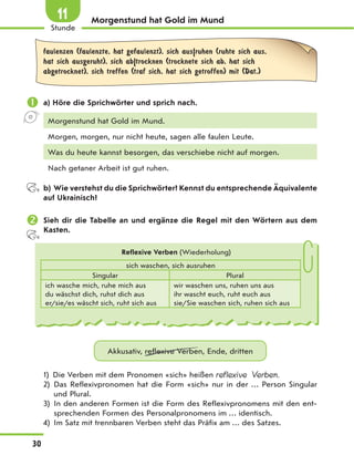 Morgenstund hat Gold im Mund
faulenzen (faulenzte, hat gefaulenzt), sich aus|ruhen (ruhte sich aus,
hat sich ausgeruht), sich ab|trocknen (trocknete sich ab, hat sich
abgetrocknet), sich treffen (traf sich, hat sich getroffen) mit (Dat.)
 a) Höre die Sprichwörter und sprich nach.
Morgenstund hat Gold im Mund.
Morgen, morgen, nur nicht heute, sagen alle faulen Leute.
Was du heute kannst besorgen, das verschiebe nicht auf morgen.
Nach getaner Arbeit ist gut ruhen.
b) Wie verstehst du die Sprichwörter? Kennst du entsprechende Äquivalente
auf Ukrainisch?
 Sieh dir die Tabelle an und ergänze die Regel mit den Wörtern aus dem
Kasten.
Reflexive Verben (Wiederholung)
sich waschen, sich ausruhen
Singular Plural
ich wasche mich, ruhe mich aus
du wäschst dich, ruhst dich aus
er/sie/es wäscht sich, ruht sich aus
wir waschen uns, ruhen uns aus
ihr wascht euch, ruht euch aus
sie/Sie waschen sich, ruhen sich aus
Akkusativ, reflexive Verben, Ende, dritten
1) Die Verben mit dem Pronomen «sich» heißen reflexive Verben.
2) Das Reflexivpronomen hat die Form «sich» nur in der … Person Singular
und Plural.
3) In den anderen Formen ist die Form des Reflexivpronomens mit den ent-
sprechenden Formen des Personalpronomens im … identisch.
4) Im Satz mit trennbaren Verben steht das Präfix am … des Satzes.
30
1
Stunde
11
 