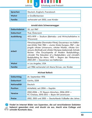 Sprachen Deutsch, Englisch, Französisch
Wohnt in Großbritannien
Familie verheiratet seit 2002, zwei Kinder
Arnold Alois Schwarzenegger
Geburtsdatum 30. Juli 1947
Geburtsort Thal, Österreich
Ausbildung 1973-1979 — Studium (Betriebs- und Wirtschaftslehre in
Wisconsin)
Arbeit
Filmschauspieler (Terminator-Filme), Gouverneur von Kalifor-
nien (USA). Titel: 1965 — «Junior Mister Europe», 1967 — der
jüngste «Mister Universum», «Mister World», «Mister Uni-
versum» (fünfmal) und «Mister Olympia» (siebenmal). Schrieb
Bücher: «The Encyclopedia of Modern Bodybuilding»,
«Arnold: The Education of a Bodybuilder» und «Arnold’s
Bodybuilding for Men». 1970 — Beginn der Filmkarriere.
2003-2011 — Gouverneur von Kalifornien
Wohnt in Los Angeles, USA
Familie seit 1986 verheiratet mit Maria Shriver, vier Kinder
Michael Ballack
Geburtstag 26. September 1976
Geburtsort Görlitz, DDR
Nationalität Deutsch
Position Mittelfeld, seit 2004 — Kapitän
Vereine
2002-2006 — FC Bayern München, 2006-2010 —
FC Chelsea, 2010-2012 — Bayer 04 Leverkusen
Preise 2002, 2003 und 2005 — Deutschlands Fußballer des Jahres
 Findet im Internet Bilder von Superstars, die auf verschiedenen Gebieten
bekannt geworden sind, und druckt sie aus. Macht eine Collage und
schreibt Kurztexte dazu.
3
Lektion Erholung und Freizeit
83
 