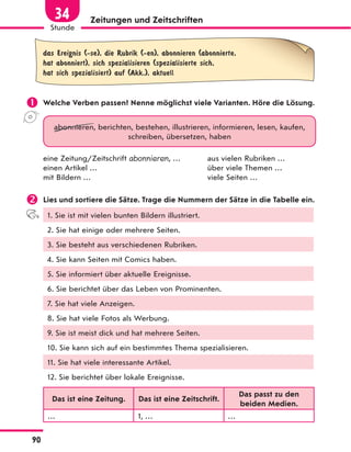 Zeitungen und Zeitschriften
das Ereignis (-se), die Rubrik (-en), abonnieren (abonnierte,
hat abonniert), sich spezialisieren (spezialisierte sich,
hat sich spezialisiert) auf (Akk.), aktuell
 Welche Verben passen? Nenne möglichst viele Varianten. Höre die Lösung.
abonnieren, berichten, bestehen, illustrieren, informieren, lesen, kaufen,
schreiben, übersetzen, haben
eine Zeitung/Zeitschrift abonnieren, … aus vielen Rubriken …
einen Artikel … über viele Themen …
mit Bildern … viele Seiten …
 Lies und sortiere die Sätze. Trage die Nummern der Sätze in die Tabelle ein.
1. Sie ist mit vielen bunten Bildern illustriert.
2. Sie hat einige oder mehrere Seiten.
3. Sie besteht aus verschiedenen Rubriken.
4. Sie kann Seiten mit Comics haben.
5. Sie informiert über aktuelle Ereignisse.
6. Sie berichtet über das Leben von Prominenten.
7. Sie hat viele Anzeigen.
8. Sie hat viele Fotos als Werbung.
9. Sie ist meist dick und hat mehrere Seiten.
10. Sie kann sich auf ein bestimmtes Thema spezialisieren.
11. Sie hat viele interessante Artikel.
12. Sie berichtet über lokale Ereignisse.
Das ist eine Zeitung. Das ist eine Zeitschrift.
Das passt zu den
beiden Medien.
… 1, … …
90
Stunde
34
 