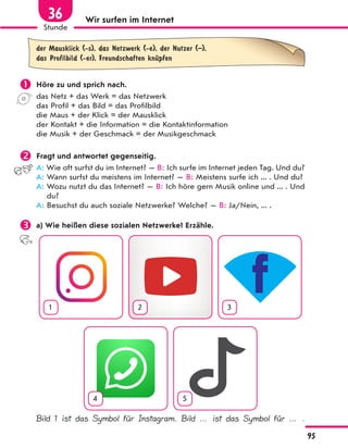 Wir surfen im Internet
der Mausklick (-s), das Netzwerk (-e), der Nutzer (–),
das Profilbild (-er), Freundschaften knЋpfen
 Höre zu und sprich nach.
das Netz + das Werk = das Netzwerk
das Profil + das Bild = das Profilbild
die Maus + der Klick = der Mausklick
der Kontakt + die Information = die Kontaktinformation
die Musik + der Geschmack = der Musikgeschmack
 Fragt und antwortet gegenseitig.
A: Wie oft surfst du im Internet? — B: Ich surfe im Internet jeden Tag. Und du?
A: Wann surfst du meistens im Internet? — B: Meistens surfe ich ... . Und du?
A: Wozu nutzt du das Internet? — B: Ich höre gern Musik online und ... . Und
du?
A: Besuchst du auch soziale Netzwerke? Welche? — B: Ja/Nein, ... .
 a) Wie heißen diese sozialen Netzwerke? Erzähle.
1 2 3
4 5
Bild 1 ist das Symbol für Instagram. Bild … ist das Symbol für … .
95
Stunde
36
 