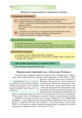 115
Опинившись у середньовічному замку, починаємо уявляти лицарські
турніри, які відбувались у минулі часи. Лицарський кодекс відображе-
ний у художніх творах цього періоду, які створюють культ «прекрасної
дами», високих почуттів, шляхетності, військової доблесті, честі, вірності,
гідності. Одним із перших авторів куртуазних (лицарських) романів був
середньовічний поет Кретьє де Труа. У своїх творах (зокрема, в романі
«Івейн, або Лицар Лева») він зобразив складне поєднання двох голов­
них цінностей, яким поклоняється лицар: васальне почуття обов’язку і
любов до «прекрасної дами». Популярними стають лицарські «романи»
на сюжети кельтських легенд про короля Артура і лицарів «Круглого
столу», лицаря Ланселота, Трістана та Ізольду. Ядром такого роману
є «авантюра» (пригода), центральним героєм якої виступає мандрівний
лицар (ідеал за мірками куртуазії).
Поезія в середні віки стає королевою європейської словесності (твор-
чість трубадурів, вчена латинська поезія, поезія вагантів, література
Провансу XII ст.).
Значний пласт середньовічної літератури – клерикальна (церковна,
релігійна, духовна) література. Вона представлена видатними іменами,
такими, як Абеляр, Франциск Ассізький, Фома Аквінський. Середньовічна
клерикальна література латинською мовою виробила нові жанри: видіння
(розповідь про подорож душі під час сну загробним світом), житіє (роз-
повідь про народження святого, перші подвиги святості, чудеса за життя
і після смерті), релігійний гімн, послання, коментар до Святого Письма,
сповідь тощо. В їх основі лежали тексти, що входять до Нового Заповіту.
Клерикальна література відрізняється риторичністю, морально-дидактич-
ним характером, у мові переважають символи та алегорії. Спостерігається
протиріччя: людина – вінець природи, людина – раб Божий.
Особливе місце в культурі Середньовіччя посідають такі види мис-
тецтва, як архітектура і живопис. Основний жанр живопису – ікона.
Монастирі, що виникають з IV ст., стають центрами створення хрис-
тиянських книг. Розвивається мистецтво книжкової мініатюри, яка
отримала назву від використання
для малюнків маленького розміру
червоної фарби «minium» (сурик).
Уперше в західній культурі
ви­
никає вища освіта – перші євро-
пейські університети.
У часи Середньовіччя активно
розвивалася архітектура, сформу-
валися перші європейські стилі –
романський і готика. Середньовіч-
ний храм – зменшена копія Всес-
віту, своєрідний мікрокосмос, який
демонструє світосприйняття цієї
епохи. Головна особливість середньовічної готики – спрямованість
будівлі вгору, до небес, легкість, «відірваність» від землі.
Ієронім Босх. «Сад земних
насолод», бл. 1500–1510 рр.
Мистецька палітра
 