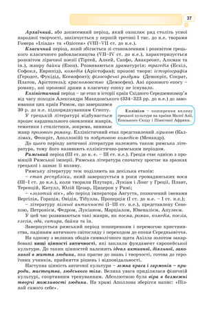 24
26. І сказав Бог: Створімо людину за образом Нашим, за подобою
Нашою, і хай панують над морською рибою, і над птаством небесним, і над
худобою, і над усею землею, і над усім плазуючим, що плазує по землі.
27. І Бог на Свій образ людину створив, на образ Божий її Він ство-
рив, як чоловіка та жінку створив їх.
28. І поблагословив їх Бог, і сказав Бог до них: Плодіться й розмно-
жуйтеся, і наповнюйте землю, оволодійте нею, і пануйте над морськими
рибами, і над птаством небесним, і над кожним плазуючим живим на землі!
29. І сказав Бог: Оце дав Я вам усю ярину, що розсіває насіння, що
на всій землі, і кожне дерево, що на ньому плід деревний, що воно роз-
сіває насіння, нехай буде на їжу це вам!
30. І земній усій звірині і всьому птаству небесному, і кожному, що
плазує по землі, що душа в ньому жива, уся зелень яринна на їжу для
них. І сталося так.
31. І побачив Бог усе, що вчинив. І ото, вельми добре воно! І був вечір,
і був ранок, день шостий.
З давньоєврейської переклав Іван Огієнко
1. Як Біблія пояснює походження світу і людини?
2. Що було до процесу створення світу, за біблійною версією?
3. У якій послідовності Творець наповнював світ?
4. Чим людина відрізняється від інших живих істот?
5. Яке веління Бог дав людям?
6. Поясніть, як проявляється велич Бога у біблійній розповіді про створення світу.
7. Чи можна назвати світ, який створив Бог, прекрасним і досконалим? Аргумен-
туйте відповідь.
Працюємо з текстом
Десять Заповідей
(Вихід 20:1–17)
1. І Бог промовляв всі слова оці, кажучи:
2. Я Господь, Бог твій, що вивів тебе з єгипетського краю з дому рабства.
3. Хай не буде тобі інших богів передо Мною!
4. Не роби собі різьби і всякої подоби з того, що на небі вгорі, і що на
землі долі, і що в воді під землею.
5. Не вклоняйся їм і не служи їм, бо Я Господь, Бог твій, Бог заздріс-
ний, що карає за провину батьків на синах, на третіх і на четвертих поко-
ліннях тих, хто ненавидить Мене,
6. і що чинить милість тисячам поколінь тих, хто любить Мене, і хто
держиться Моїх заповідей.
7. Не призивай Імення Господа, Бога твого, надаремно, бо не помилує
Господь того, хто призиватиме Його Ймення надаремно.
8. Пам’ятай день суботній, щоб святити його!
9. Шість день працюй і роби всю працю свою,
10. а день сьомий субота для Господа, Бога твого: не роби жодної праці
ти й син твій, та дочка твоя, раб твій та невільниця твоя, і худоба твоя,
і приходько твій, що в брамах твоїх.
 
