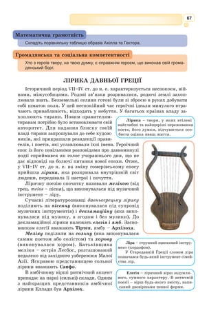 54
може бути жорстоким і мстивим. Ахілл – улюбленець богів і ахейців,
красень і взірець воїна. Проте він – також людина і робить вчинки, про
які потім шкодує: йде з війська – гинуть ахейці і його друг Патрокл,
чинить наругу над тілом Гектора – плаче разом з Пріамом над спільною
трагедією учасників війни. Сенс свого життя герой бачить у тому, щоб
постійно ризикувати життям, захищати батьківщину. Ахілл жадає щораз
нових подвигів, які зміцнять його славу непереможного воїна.
Гектор – представник ворожого табору. Він очолює троянців у війні
з греками. За своїми воїнськими якостями Гектор не поступається найсла-
ветнішим ахейським героям. Однак перш за все він – справж­
ній патріот,
безмежно відданий рідному місту i своєму народові. На цьому весь час
наголошує Гомер. Думки героя постійно пов’язані із захистом Tpoї від
ворога. Гектор також турботливий чоловік i батько.
Ахілл і Гектор – справжні герої, справжні чоловіки. Для давніх гре-
ків вони були ідеалом воїна, героя, людини. Такими вони залишаються
і для нас. А те, що Гомер змалював не лише їхню силу, але й слабкості,
ще раз переконує: вони герої, але все ж таки люди.
Іліада
Пісня перша. Моровиця. Гнів
1] Гнів оспівай, богине, Ахілла, сина Пелея,
2] Пагубний гнів, що лиха багато ахеям накоїв:
3] Душі славетних героїв навіки послав до Аїду
4] Темного, їх же самих він хижим лишив на поталу
5] Псам і птахам. Так Зевсова воля над ними чинилась
6] Ще відтоді, як у зваді лихій розійшлись ворогами
7] Син Атреїв, володар мужів, і Ахілл богосвітлий.
8] Хто ж із безсмертних богів призвів їх до лютої сварки?
9] Син то Зевса й Лето. Владарем тим розгніваний тяжко,
10] Пошесть лиху він на військо наслав, і гинули люди
11] Через те, що жерця його, Хріса, зневажив зухвало… […]
Пісня двадцять друга.
Убивство Гектора (двобій Ахілла з Гектором)
143] Рвавсь так Ахілл уперед, та вздовж іліонського муру
144] З трепетом Гектор тікаючи, дужими рухав коліньми.
145] Мимо дозорного пагорба й смоков, овіяних вітром,
146] Бігли вздовж муру міського обидва шляхом вони битим.
147] До струменистих джерел вже добігли вони. Дві криниці
148] Витоки звідти дають течії вирового Скамандру.
149] Теплою перша струмує водою, і завжди парує
150] Хмара над нею густа, як дим лісового пожару.
151] Друга ж і влітку холодним, як лід, струменіє потоком,
152] Наче той град крижаний або снігу завія студена.
 