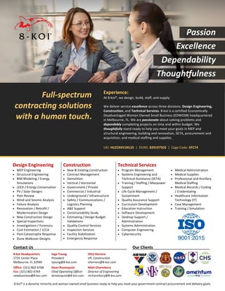 8-koi® is a dynamic minority and woman-owned small business ready to help you meet your government contract procurement and delivery goals.
Full-spectrum
contracting solutions
with a human touch.
Experience:
At 8-koi®, we design, build, staff, and supply.
We deliver service excellence across three divisions: Design Engineering,
Construction, and Technical Services. 8-koi is a certified Economically
Disadvantaged Woman Owned Small Business (EDWOSB) headquartered
in Melbourne, FL. We are passionate about solving problems and
dependably completing projects on time and within budget. We
thoughtfully stand ready to help you meet your goals in MEP and
structural engineering, building and renovation, SETA, procurement and
acquisition, and medical staffing and supplies.
UEI: HUZ2XKV2KLS5 | DUNS: 829197503 | Cage Code: 5FCT4
Design Engineering Construction Technical Services
• MEP Engineering
• Structural Engineering
• BIM Modeling / Energy
Simulations
• LEED / Energy Conservation
• PV / Solar Designs
• Peer Review
• Wind and Seismic Analysis
• Failure Analysis
• Renovation / Retrofit /
Modernization Design
• New Construction Design
• Special Inspections
• Investigations / Forensics
• Cost Estimation / LCCA
• Post-Catastrophe Response
• Dune Walkover Designs
• New & Existing Construction
• Contract Management
• Demolition
• Vertical / Horizontal
• Government / Private
• Commercial / Industrial
• Underground / Infrastructure
• Safety / Communications /
Logistics Planning
• A&E Support
• Constructability Study
• Estimating / Design Budget
Validations
• Quality Control Services
• Inspection Services
• Facility Stabilization
• Emergency Response
• Program Management
• Systems Engineering and
Technical Assistance (SETA)
• Training / Staffing / Manpower
Support
• Life Cycle Management /
Sustainment
• Quality Assurance Support
• Curriculum Development
• Education Instruction
• Software Development
• Desktop Support /
Administration
• Systems Administration
• Computer Engineering
• Cybersecurity
• Medical Administration
• Medical Supplies
• Professional and Ancillary
Medical Staffing
• Medical Records / Coding
/ Credentialing
• Healthcare Information
Technology (IT)
• Case Management
• Training / Simulation
Contact Us . Our Clients .
8-koi Headquarters
2725 Center Place
Melbourne, FL 32940
Inga Young
President
iyoung@8-koi.com
Otto Herrera
VP, Construction
oherrera@8-koi.com
Office: (321) 802-6768
Fax: (321) 802-6769
newbusiness@8-koi.com
Dean Rosenquist
Chief Operating Officer
drosenquist@8-koi.com
Matt Charmbury
Director of Engineering
mcharmbury@8-koi.com
 