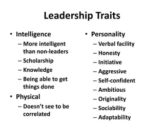 Leadership Traits
• Intelligence          • Personality
  – More intelligent      – Verbal facility
    than non-leaders      – Honesty
  – Scholarship           – Initiative
  – Knowledge             – Aggressive
  – Being able to get     – Self-confident
    things done           – Ambitious
• Physical                – Originality
  – Doesn’t see to be     – Sociability
    correlated
                          – Adaptability
 