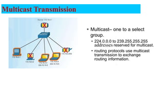Multicast Transmission
 Multicast– one to a select
group.
• 224.0.0.0 to 239.255.255.255
addresses reserved for multicast.
• routing protocols use multicast
transmission to exchange
routing information.
15
 