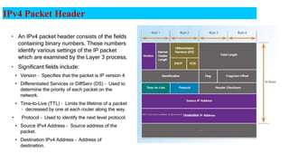 IPv4 Packet Header
• An IPv4 packet header consists of the fields
containing binary numbers. These numbers
identify various settings of the IP packet
which are examined by the Layer 3 process.
• Significant fields include:
• Version – Specifies that the packet is IP version 4
• Differentiated Services or DiffServ (DS) – Used to
determine the priority of each packet on the
network.
• Time-to-Live (TTL) – Limits the lifetime of a packet
– decreased by one at each router along the way.
• Protocol – Used to identify the next level protocol.
• Source IPv4 Address – Source address of the
packet.
• Destination IPv4 Address – Address of
destination.
© 2016 Cisco and/or its affiliates. All rights reserved. Cisco Confidential 19
 