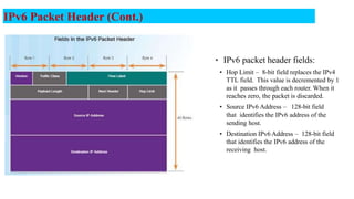 IPv6 Packet Header (Cont.)
• IPv6 packet header fields:
• Hop Limit – 8-bit field replaces the IPv4
TTL field. This value is decremented by 1
as it passes through each router. When it
reaches zero, the packet is discarded.
• Source IPv6 Address – 128-bit field
that identifies the IPv6 address of the
sending host.
• Destination IPv6 Address – 128-bit field
that identifies the IPv6 address of the
receiving host.
26
 