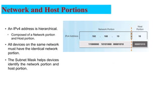  An IPv4 address is hierarchical.
• Composed of a Network portion
and Host portion.
 All devices on the same network
must have the identical network
portion.
 The Subnet Mask helps devices
identify the network portion and
host portion.
Network and Host Portions
6
 