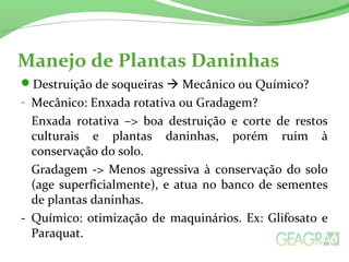 Manejo de Plantas Daninhas 
Destruição de soqueiras  Mecânico ou Químico? 
- Mecânico: Enxada rotativa ou Gradagem? 
Enxada rotativa –> boa destruição e corte de restos 
culturais e plantas daninhas, porém ruim à 
conservação do solo. 
Gradagem -> Menos agressiva à conservação do solo 
(age superficialmente), e atua no banco de sementes 
de plantas daninhas. 
- Químico: otimização de maquinários. Ex: Glifosato e 
Paraquat. 
 
