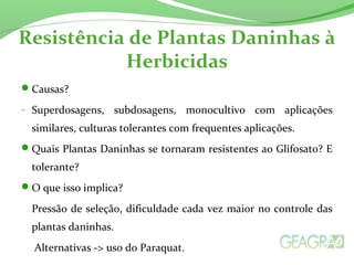 Resistência de Plantas Daninhas à 
Herbicidas 
Causas? 
- Superdosagens, subdosagens, monocultivo com aplicações 
similares, culturas tolerantes com frequentes aplicações. 
Quais Plantas Daninhas se tornaram resistentes ao Glifosato? E 
tolerante? 
O que isso implica? 
Pressão de seleção, dificuldade cada vez maior no controle das 
plantas daninhas. 
Alternativas -> uso do Paraquat. 
 