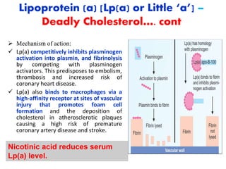 Lipoprotein (a) [Lp(a) or Little ‘a’] –
Deadly Cholesterol…. cont
 Mechanism of action:
 Lp(a) competitively inhibits plasminogen
activation into plasmin, and fibrinolysis
by competing with plasminogen
activators. This predisposes to embolism,
thrombosis and increased risk of
coronary heart disease.
 Lp(a) also binds to macrophages via a
high-affinity receptor at sites of vascular
injury that promotes foam cell
formation and the deposition of
cholesterol in atherosclerotic plaques
causing a high risk of premature
coronary artery disease and stroke.
Nicotinic acid reduces serum
Lp(a) level.
 