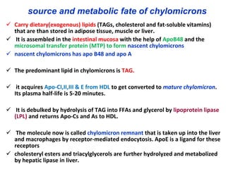 source and metabolic fate of chylomicrons
 Carry dietary(exogenous) lipids (TAGs, cholesterol and fat-soluble vitamins)
that are than stored in adipose tissue, muscle or liver.
 It is assembled in the intestinal mucosa with the help of ApoB48 and the
microsomal transfer protein (MTP) to form nascent chylomicrons
 nascent chylomicrons has apo B48 and apo A
 The predominant lipid in chylomicrons is TAG.
 it acquires Apo-CI,II,III & E from HDL to get converted to mature chylomicron.
Its plasma half-life is 5-20 minutes.
 It is debulked by hydrolysis of TAG into FFAs and glycerol by lipoprotein lipase
(LPL) and returns Apo-Cs and As to HDL.
 The molecule now is called chylomicron remnant that is taken up into the liver
and macrophages by receptor-mediated endocytosis. ApoE is a ligand for these
receptors
 cholesteryl esters and triacylglycerols are further hydrolyzed and metabolized
by hepatic lipase in liver.
 