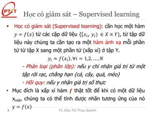 Học có giám sát – Supervised learning
 Học có giám sát (Supervised learning): cần học một hàm
𝑦 = 𝑓 𝑥 từ các cặp dữ liệu {(𝑥𝑖, 𝑦𝑖) ∈ 𝑋 × 𝑌}, từ tập dữ
liệu này chúng ta cần tạo ra một hàm ánh xạ mỗi phần
tử từ tập X sang một phần tử (xấp xỉ) ở tập Y.
𝑦𝑖 ≈ 𝑓 𝑥𝑖 , ∀𝑖 = 1,2, … , 𝑁
- Phân loại (phân lớp): nếu y chỉ nhận giá trị từ một
tập rời rạc, chẳng hạn {cá, cây, quả, mèo}
- Hồi quy: nếu y nhận giá trị số thực
• Mục đích là xấp xỉ hàm 𝒇 thật tốt để khi có một dữ liệu
xmới, chúng ta có thể tính được nhãn tương ứng của nó
y = 𝑓 𝑥
TS. Đào Thị Thúy Quỳnh
 