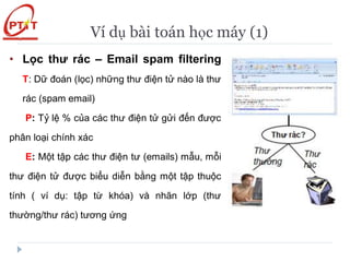 Ví dụ bài toán học máy (1)
• Lọc thư rác – Email spam filtering
T: Dữ đoán (lọc) những thư điện tử nào là thư
rác (spam email)
P: Tỷ lệ % của các thư điện tử gửi đến được
phân loại chính xác
E: Một tập các thư điện tư (emails) mẫu, mỗi
thư điện tử được biểu diễn bằng một tập thuộc
tính ( ví dụ: tập từ khóa) và nhãn lớp (thư
thường/thư rác) tương ứng
 