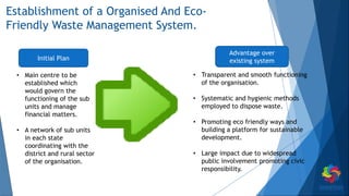 Establishment of a Organised And Eco-
Friendly Waste Management System.
• Main centre to be
established which
would govern the
functioning of the sub
units and manage
financial matters.
• A network of sub units
in each state
coordinating with the
district and rural sector
of the organisation.
• Transparent and smooth functioning
of the organisation.
• Systematic and hygienic methods
employed to dispose waste.
• Promoting eco friendly ways and
building a platform for sustainable
development.
• Large impact due to widespread
public involvement promoting civic
responsibility.
Initial Plan
Advantage over
existing system
 