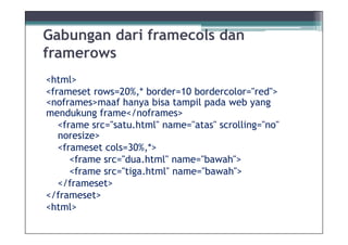 Gabungan dari framecols dan
framerows
<html>
<frameset rows=20%,* border=10 bordercolor="red">
<noframes>maaf hanya bisa tampil pada web yang
mendukung frame</noframes>
   <frame src=/slideshow/8materi-desain-frame-ok/9534544/"satu.html" name="atas" scrolling="no"
   noresize>
   <frameset cols=30%,*>
      <frame src="dua.html" name="bawah">
      <frame src="tiga.html" name="bawah">
   </frameset>
</frameset>
<html>
 