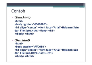 Contoh
• (Satu.html)
  <html>
  <body bgcolor="#008080">
  <h1 align="center"><font face="Arial">Halaman Satu
  dari File Satu.Html </font></h1>
  </body></html>

• (Dua.html)
  <html>
  <body bgcolor="#ff0080">
  <h1 align="center"><font face="Arial">Halaman Dua
  dari File Dua.Html</font></h1>
  </body></html>
 