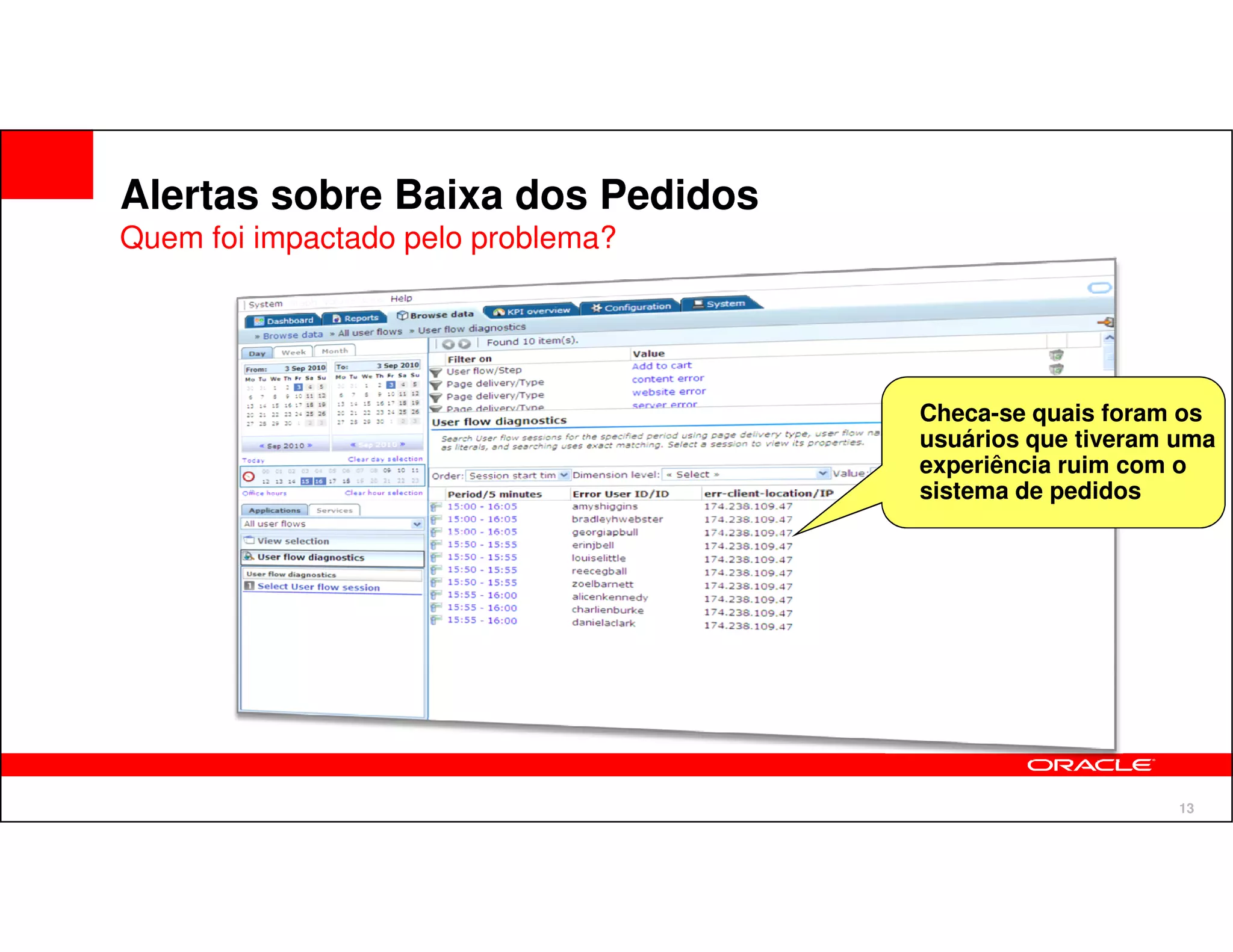 Alertas sobre Baixa dos Pedidos
Quem foi impactado pelo problema?




                                    Checa-se quais foram os
                                    usuários que tiveram uma
                                    experiência ruim com o
                                    sistema de pedidos




                                                         13
 