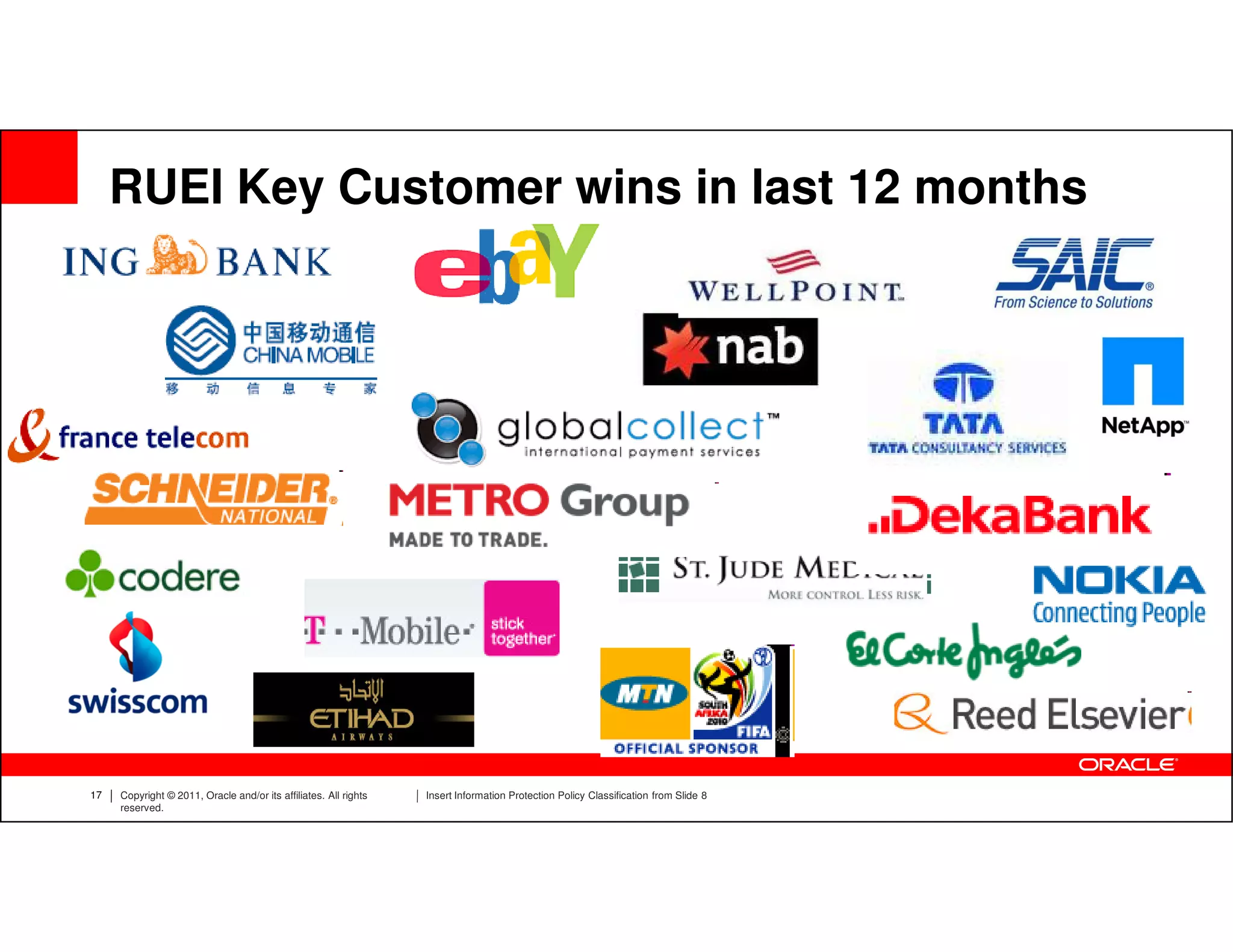 RUEI Key Customer wins in last 12 months




17   Copyright © 2011, Oracle and/or its affiliates. All rights   Insert Information Protection Policy Classification from Slide 8
     reserved.
 
