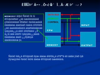 ÊÎÌÏÜÞÒÅÐÈÉÍ ÑÀÍÀÕ ÎÉ ÃÝÆ ÞÓ ÂÝ? Ñàíàõ îéã¿é êîìïüþòåð ãýæ áàéæ áîëîõã¿é áºãººä èõ áàãà ÿìàð íýã õýìæýýíèé ñàíàõ îéòîé áàéæ êîìïüþòåð àæèëëàíà.  CPU MEMORY INPUT OUTPUT DATA BUS ADDRESS CONTROL MEMORY áóþó Ñàíàõ îé íü êîìïüþòåðèéí ¿éë àæèëëàãààã çîõèöóóëäàã Ïðîãðàìì õàíãàìæèéã õàäãàëæ áàéõààñ ãàäíà òîîöîîëîõ ¿éë àæèëëàãààíä øààðäëàãàòàé ìýäýýëë¿¿ä áîëîí òîîöîîëëûí ¿ð ä¿íä áèé áîëñîí ìýäýýëë¿¿äèéã õàäãàëæ áàéõ ¿¿ðýãòýé áàéãóóëàìæ þì. 