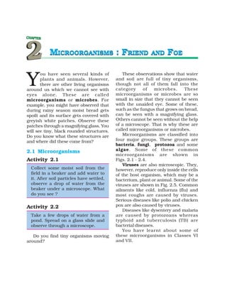 MICROORGANISMS : FRIEND                          AND     FOE


Y
       ou have seen several kinds of           These observations show that water
       plants and animals. However,        and soil are full of tiny organisms,
       there are other living organisms    though not all of them fall into the
around us which we cannot see with         category      of    microbes.    These
eyes alone. These are called               microorganisms or microbes are so
microorganisms or microbes. For            small in size that they cannot be seen
example, you might have observed that      with the unaided eye. Some of these,
during rainy season moist bread gets       such as the fungus that grows on bread,
spoilt and its surface gets covered with   can be seen with a magnifying glass.
greyish white patches. Observe these       Others cannot be seen without the help
patches through a magnifying glass. You    of a microscope. That is why these are
will see tiny, black rounded structures.   called microorganisms or microbes.
Do you know what these structures are          Microorganisms are classified into
and where did these come from?             four major groups. These groups are
                                           bacteria, fungi, protozoa and some
2.1 Microorganisms                         algae. Some of these common
                                           microorganisms are shown in
Activity 2.1                               Figs. 2.1 - 2.4.
                                               Viruses are also microscopic. They,
  Collect some moist soil from the         however, reproduce only inside the cells
  field in a beaker and add water to       of the host organism, which may be a
  it. After soil particles have settled,   bacterium, plant or animal. Some of the
  observe a drop of water from the         viruses are shown in Fig. 2.5. Common
  beaker under a microscope. What          ailments like cold, influenza (flu) and
  do you see ?                             most coughs are caused by viruses.
                                           Serious diseases like polio and chicken
Activity 2.2                               pox are also caused by viruses.
                                               Diseases like dysentery and malaria
  Take a few drops of water from a         are caused by protozoans whereas
  pond. Spread on a glass slide and        typhoid and tuberculosis (TB) are
  observe through a microscope.            bacterial diseases.
                                               You have learnt about some of
   Do you find tiny organisms moving       these microorganisms in Classes VI
around?                                    and VII.
 