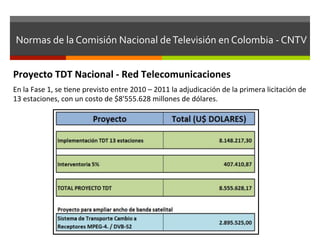 Normas	
  de	
  la	
  Comisión	
  Nacional	
  de	
  Televisión	
  en	
  Colombia	
  -­‐	
  CNTV	
  


Proyecto	
  TDT	
  Nacional	
  -­‐	
  Red	
  Telecomunicaciones	
  
En	
  la	
  Fase	
  1,	
  se	
  fene	
  previsto	
  entre	
  2010	
  –	
  2011	
  la	
  adjudicación	
  de	
  la	
  primera	
  licitación	
  de	
  
13	
  estaciones,	
  con	
  un	
  costo	
  de	
  $8'555.628	
  millones	
  de	
  dólares.	
  
 