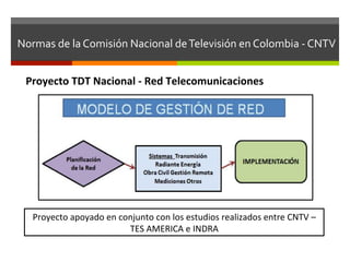 Normas	
  de	
  la	
  Comisión	
  Nacional	
  de	
  Televisión	
  en	
  Colombia	
  -­‐	
  CNTV	
  


  Proyecto	
  TDT	
  Nacional	
  -­‐	
  Red	
  Telecomunicaciones	
  




    Proyecto	
  apoyado	
  en	
  conjunto	
  con	
  los	
  estudios	
  realizados	
  entre	
  CNTV	
  –	
  
                                   TES	
  AMERICA	
  e	
  INDRA	
  
 