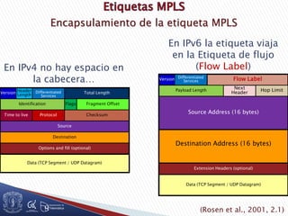 Encapsulamiento de la etiqueta MPLS
(Rosen et al., 2001, 2.1)
Data (TCP Segment / UDP Datagram)
Flags
Differentiated
Services
Header
Length Total Length
Fragment Offset
Version
Identification
ChecksumProtocolTime to live
Source
Destination
Options and fill (optional)
En IPv4 no hay espacio en
la cabecera…
Data (TCP Segment / UDP Datagram)
Flow LabelVersion
Payload Length
Source Address (16 bytes)
Destination Address (16 bytes)
Extension Headers (optional)
Differentiated
Services
Hop LimitNext
Header
En IPv6 la etiqueta viaja
en la Etiqueta de flujo
(Flow Label)
 