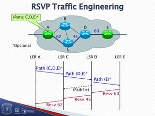 LER A LSR C LSR D LER E
Path (C,D,E)*
Path (D,E)*
Path (E)*
Resv 60
Resv 45
Resv 62
C
D
B
A E
4562
60
(Ruta: C,D,E)*
*Opcional
(PathErr)
 