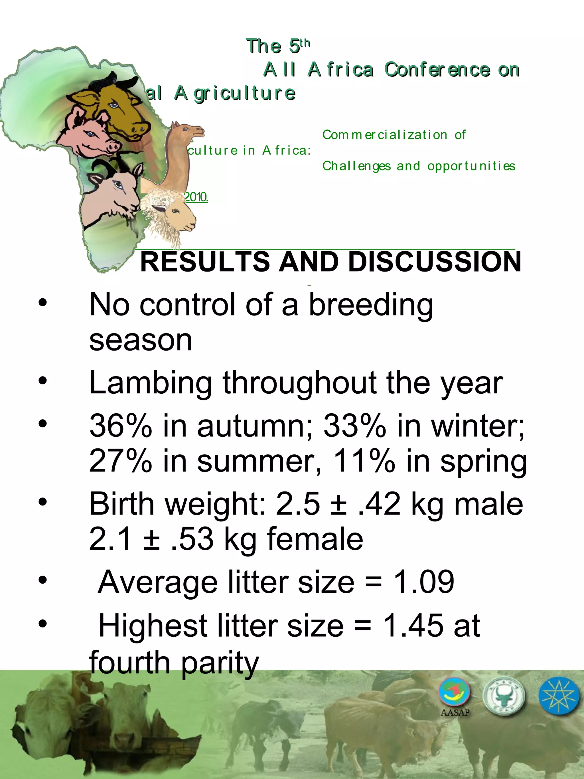 The 5The 5thth
A l l A fr ica Confer ence onA l l A fr ica Confer ence on
A nim al A gr icu l tu r eA nim al A gr icu l tu r e
Com m er ci al i zati on of
L i v estock A gr i cu l tu r e i n A fr i ca:
Chal l enges and oppor tu ni ti es
October 25-28, 2010.
RESULTS AND DISCUSSION
• No control of a breeding
season
• Lambing throughout the year
• 36% in autumn; 33% in winter;
27% in summer, 11% in spring
• Birth weight: 2.5 ± .42 kg male
2.1 ± .53 kg female
• Average litter size = 1.09
• Highest litter size = 1.45 at
fourth parity
 