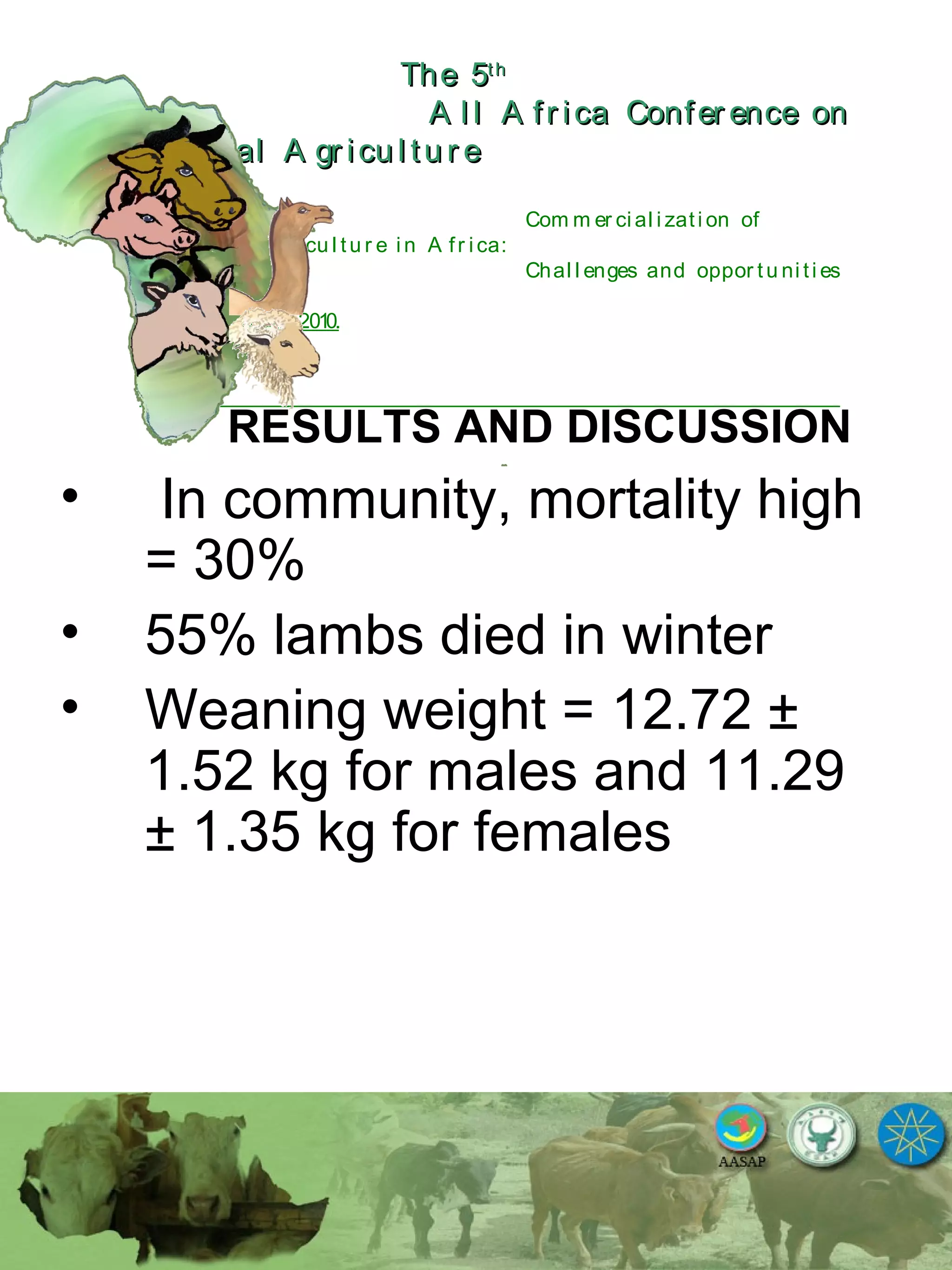 The 5The 5thth
A l l A fr ica Confer ence onA l l A fr ica Confer ence on
A nim al A gr icu l tu r eA nim al A gr icu l tu r e
Com m er ci al i zati on of
L i v estock A gr i cu l tu r e i n A fr i ca:
Chal l enges and oppor tu ni ti es
October 25-28, 2010.
RESULTS AND DISCUSSION
• In community, mortality high
= 30%
• 55% lambs died in winter
• Weaning weight = 12.72 ±
1.52 kg for males and 11.29
± 1.35 kg for females
 