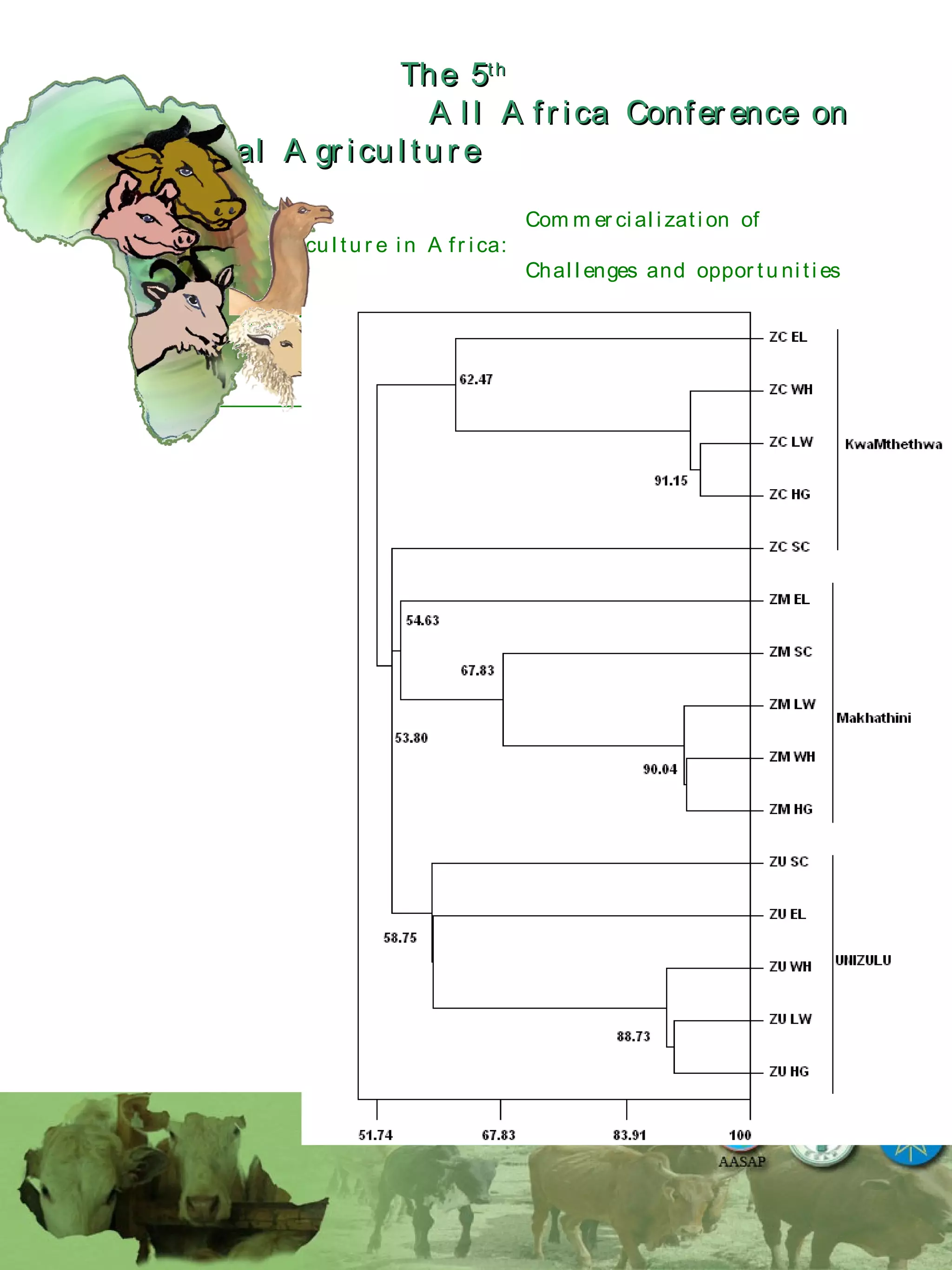 The 5The 5thth
A l l A fr ica Confer ence onA l l A fr ica Confer ence on
A nim al A gr icu l tu r eA nim al A gr icu l tu r e
Com m er ci al i zati on of
L i v estock A gr i cu l tu r e i n A fr i ca:
Chal l enges and oppor tu ni ti es
October 25-28, 2010.
 